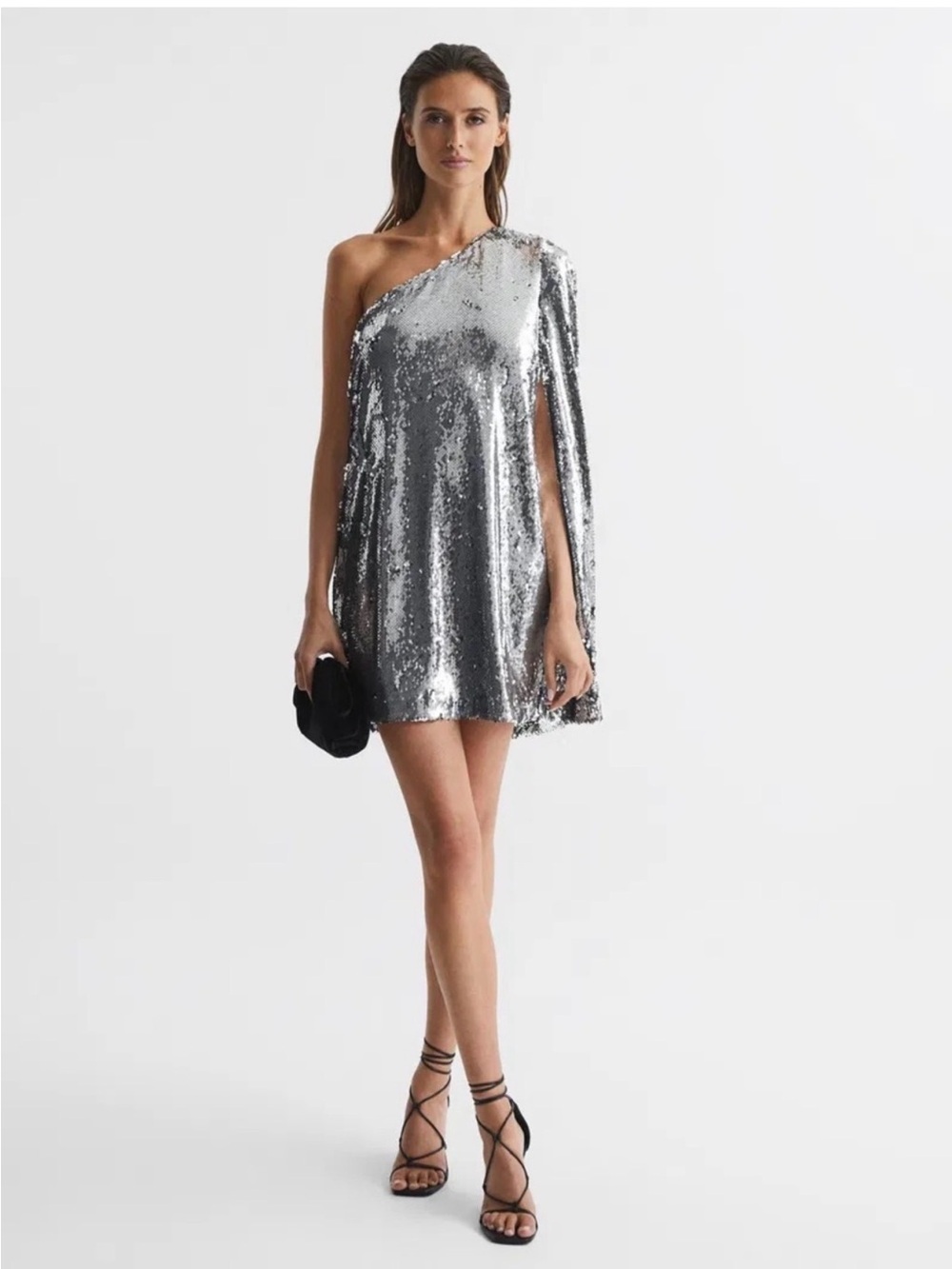REISS Eva One Shoulder Cape Sequin Dress Size 8 NWT